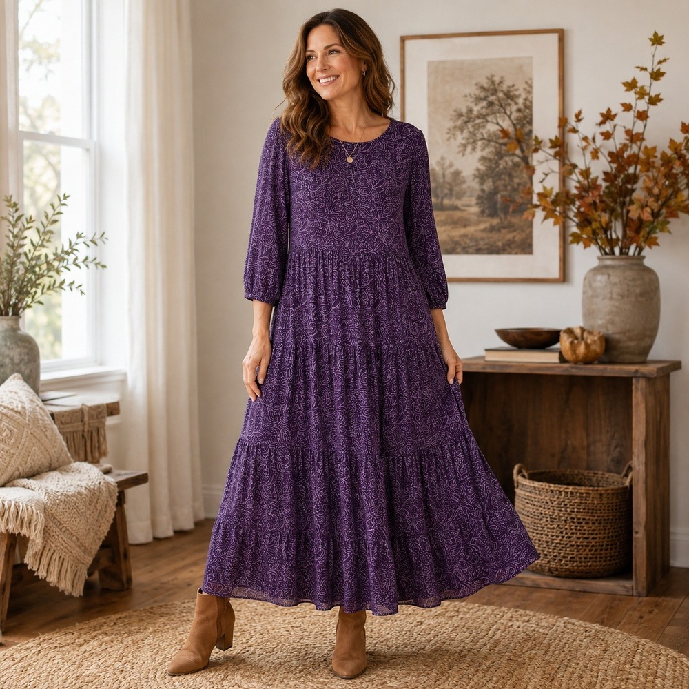 J. Jill Paisley Tiered Maxi Dress Purple WDR255811 Medium